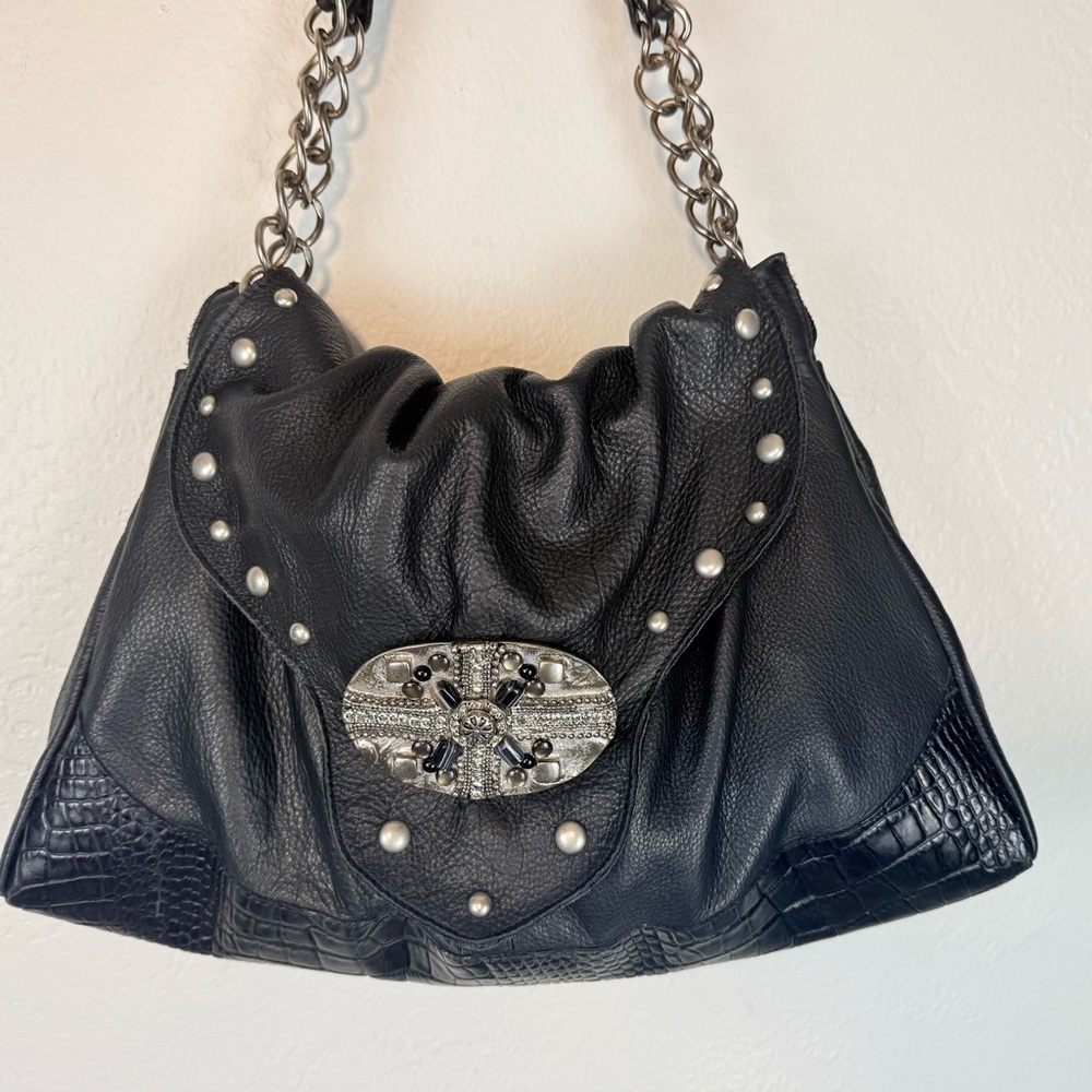 Vintage LEATHEROCK USA Black Pebbled Leather Jewel Studded Rocker Hobo Y2K Biker - Picture 12 of 16